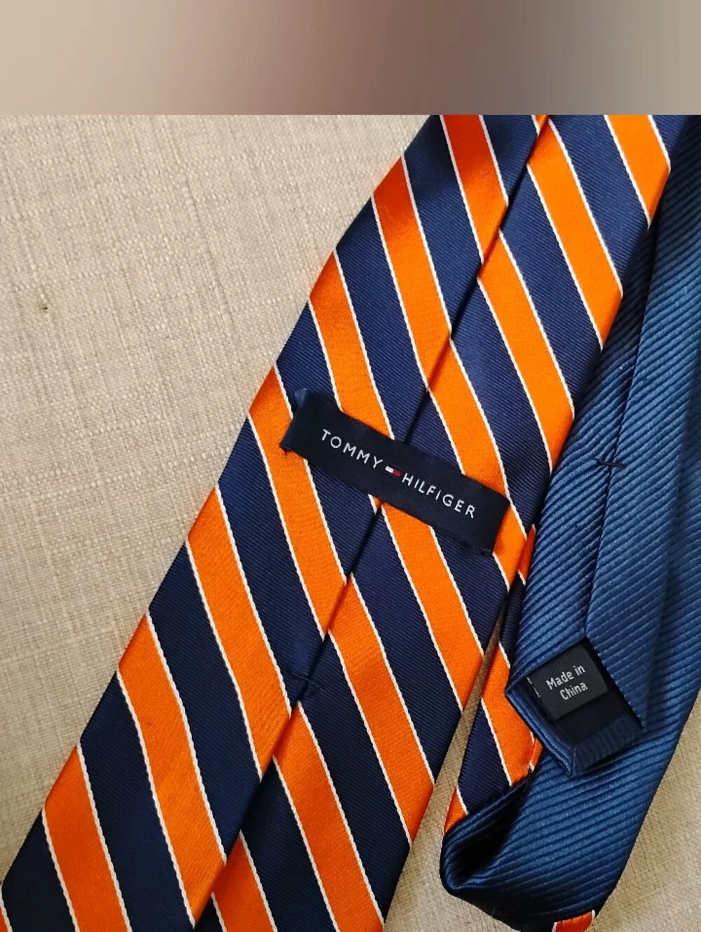 Tommy Hilfiger Men's 100% Silk Tie Navy Blue Orange Diagonal Stripe Classic Prep